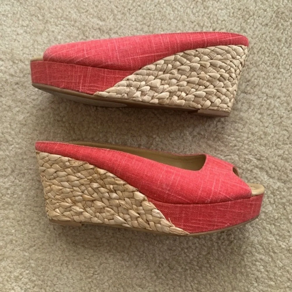 Chinese Laundry Orange Linen Peep Toe Straw Wedge Sandals Size 8.5